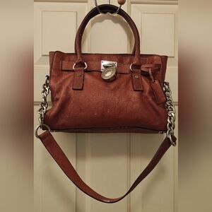 Michael Kors Hamilton Soft Leather Satchel Bag w Silver Metal Lock & Chain Strap